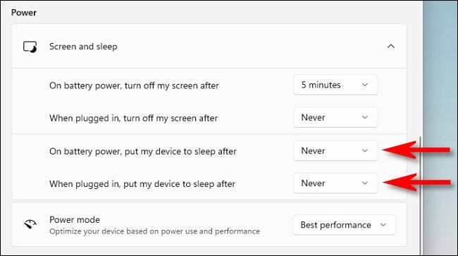 Nas configurações do Windows 11, defina as caixas suspensas relacionadas ao sono como "Nunca".