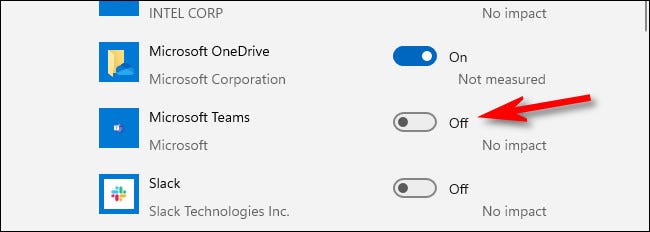 Clique no botão ao lado de “Microsoft Teams” para desligá-lo.