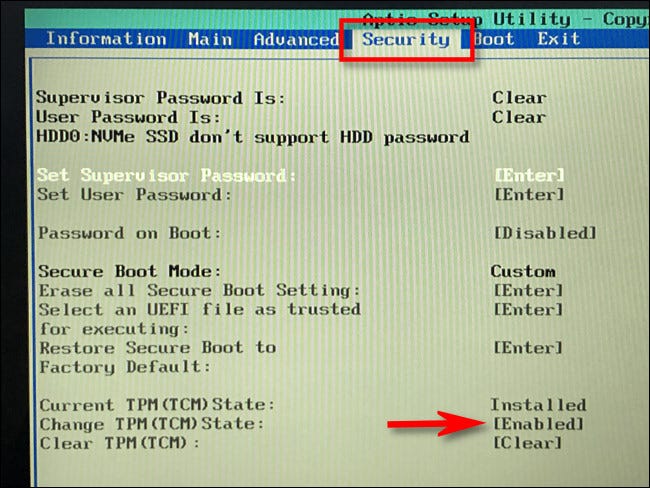 No menu "Segurança" do seu UEFI, procure "TPM" e "Ativado".