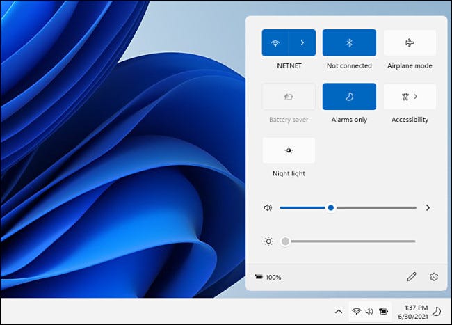 O menu de configuração rápida do Windows 11