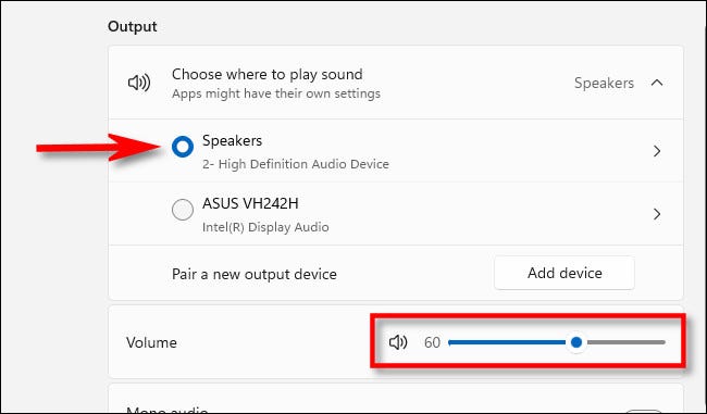 Selecione o dispositivo de saída de som que deseja ajustar e use o controle deslizante de volume.