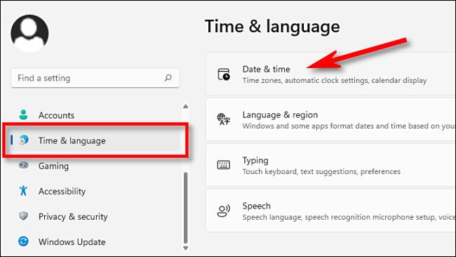 Nas configurações do Windows 11, selecione "Hora e idioma" e clique em "Data e hora".