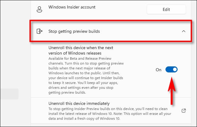 Alterne "Cancelar a inscrição deste dispositivo quando a próxima versão do Windows for lançada" para "Ativado".