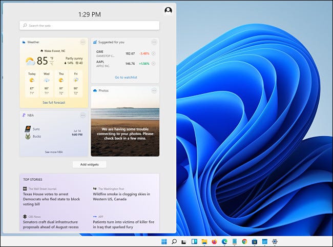 O menu de widgets do Windows 11.