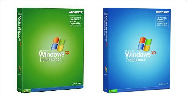 As caixas de varejo do Windows XP Home e Profession Edition.