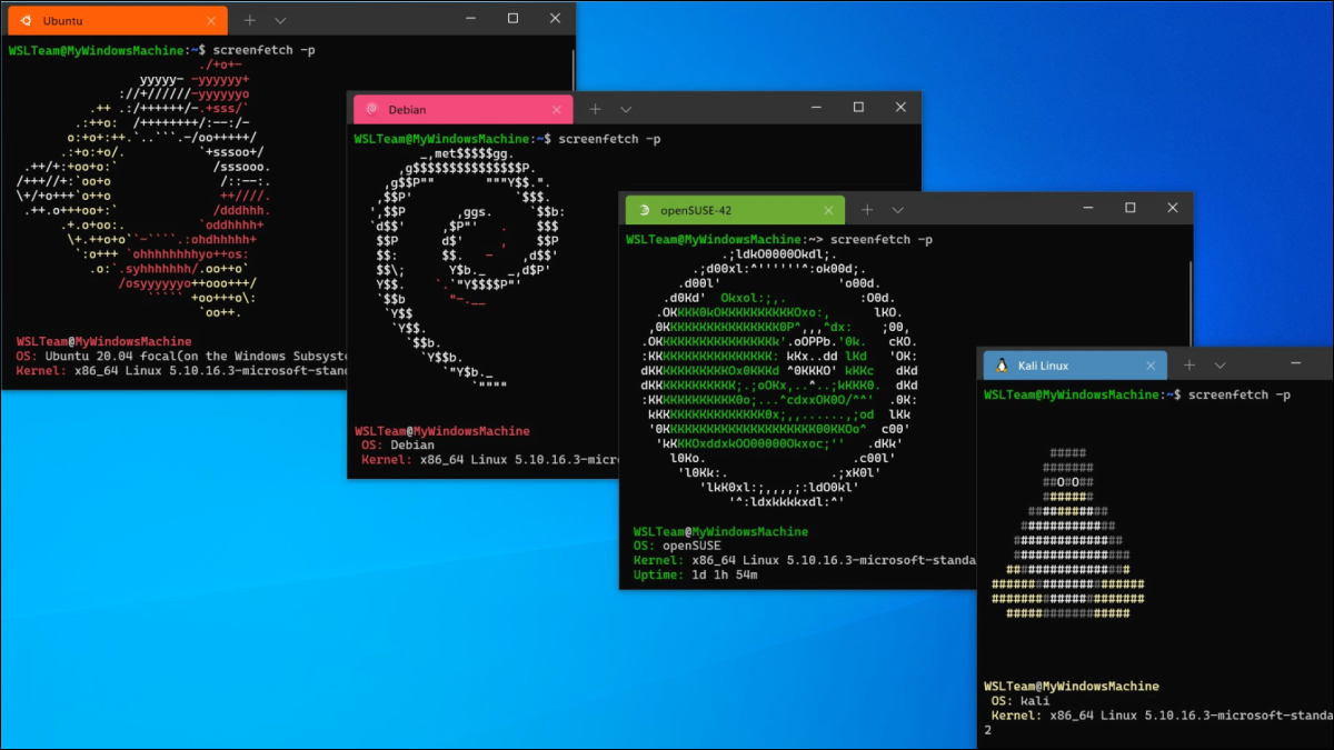 Ubuntu, Debian, openSUSE e Kali Linux em execução em WSL no Windows.