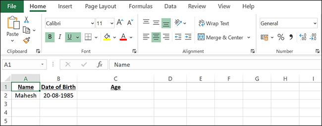 Um exemplo de planilha para encontrar a idade em anos no Excel.