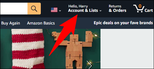 Passe o mouse sobre "Conta e listas" na Amazon.