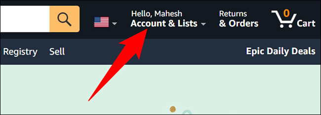 Passe o mouse sobre "Conta e listas" na Amazon.