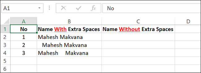 Uma planilha do Excel com espaços extras.