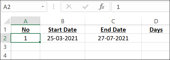 Uma planilha do Excel com uma data de início e uma data de término.