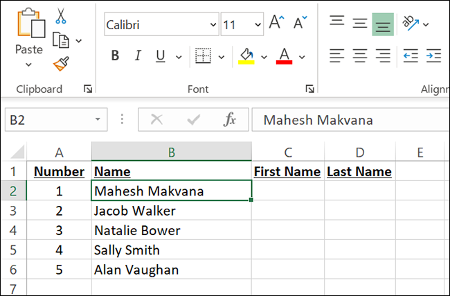 Uma planilha do Excel com nomes completos de pessoas.