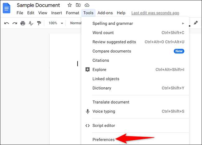 Selecione Ferramentas> Preferências no Google Docs.