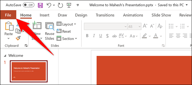 Clique em "Arquivo" no PowerPoint.