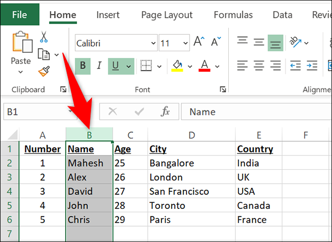 Selecione uma coluna no Excel.