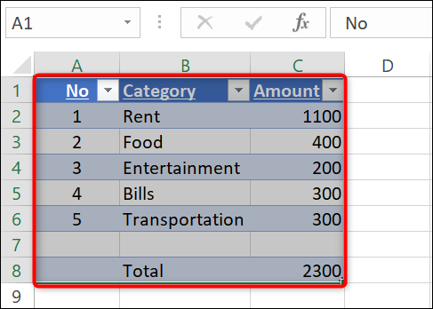 Selecione uma tabela no Excel.