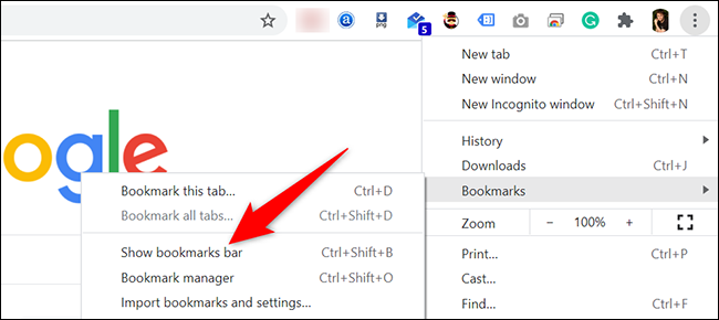 Clique nos três pontos no canto superior direito e selecione Favoritos> Mostrar barra de favoritos no Chrome.