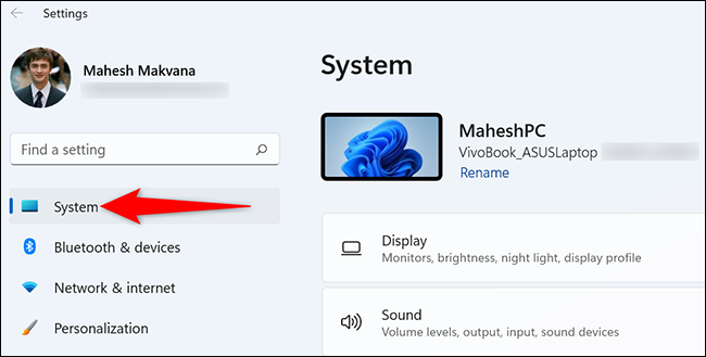 Clique em “Sistema” em Configurações no Windows 11.