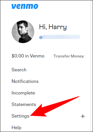 Selecione "Configurações" na barra lateral esquerda do Venmo.