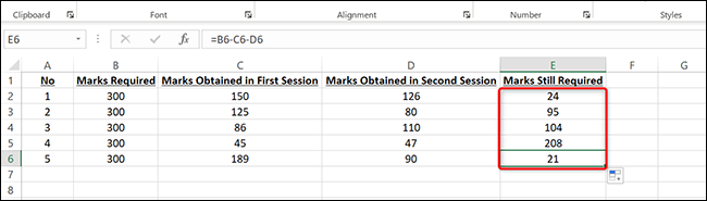 Várias respostas de subtração para todos os valores no Excel.