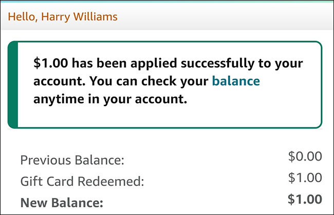 Vale-presente resgatado com sucesso no aplicativo Amazon.