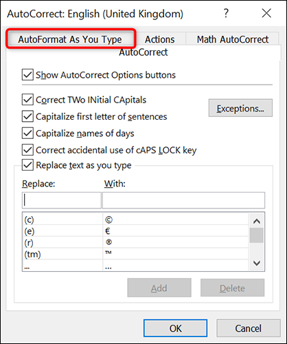 Clique em “AutoFormatação ao digitar” na janela “AutoCorreção”.