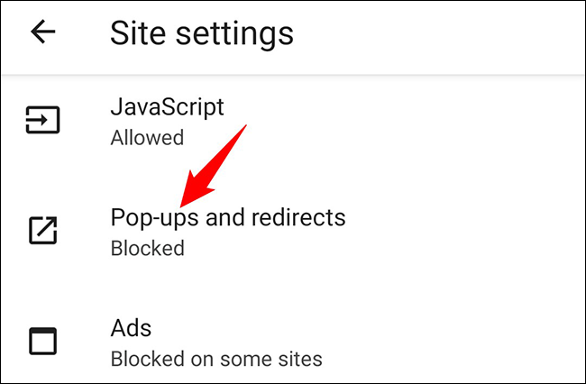 Selecione "Pop-ups e redirecionamentos" na página "Configurações do site".