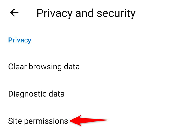 Toque em "Permissões do site" na página "Privacidade e segurança".