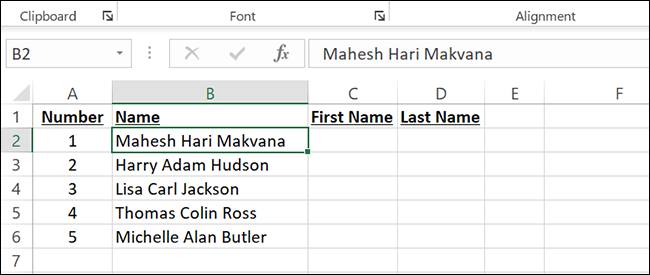 Nome, nome do meio e sobrenome em uma planilha do Excel.