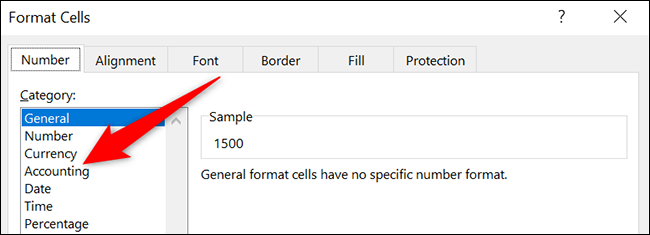 Selecione "Contabilidade" na janela "Formatar células".
