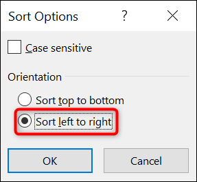 Selecione "Classificar da esquerda para a direita" e clique em "OK" na caixa "Opções de classificação" do Excel.