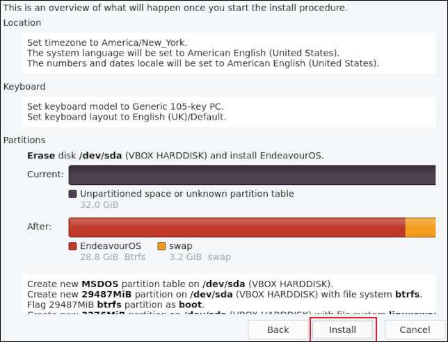 A visualização do resumo da instalação no instalador EndeavourOS