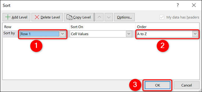 Configure as opções de classificação na janela "Classificar" do Excel.