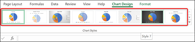 Selecione um estilo de gráfico de pizza em "Estilos de gráfico" no Excel.