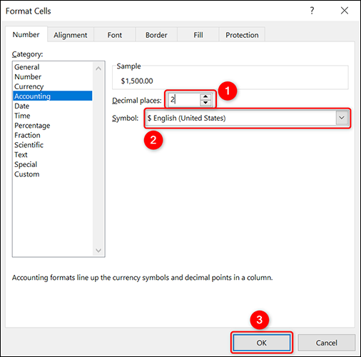 Configure o formato do número de contabilidade.