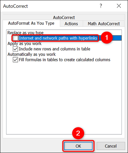 Desative "Internet e caminhos de rede com hiperlinks" e clique em "OK".