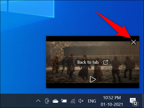 Clique no "X" no canto superior direito de um vídeo picture-in-picture do Edge.