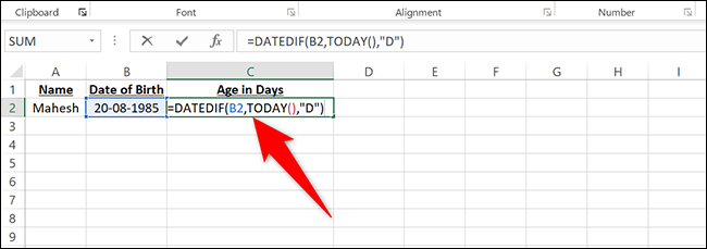 Digite = DATEDIF (B2, TODAY (), "D") na célula C2 do Excel.