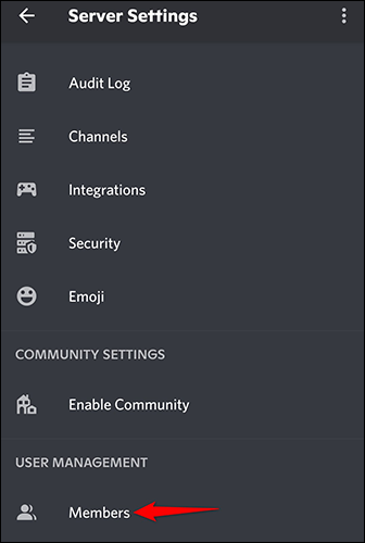 Toque em "Membros" na página "Configurações do servidor".