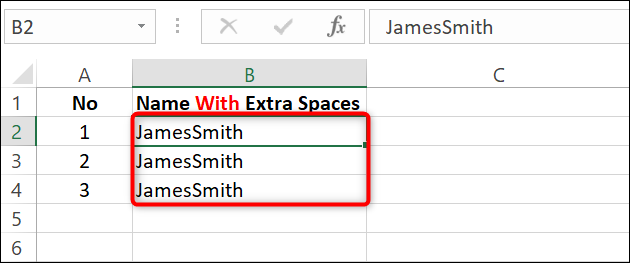 Todos os espaços removidos de uma planilha do Excel.