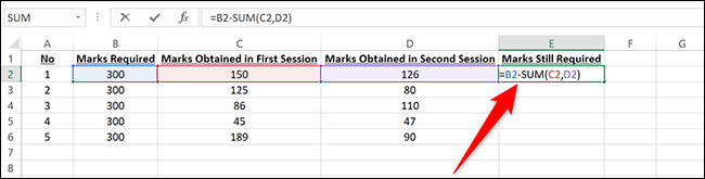 Digite a fórmula de subtração múltipla na célula E2 do Excel.