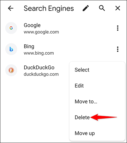 Selecione "Excluir" no menu de três pontos no Chrome no celular.
