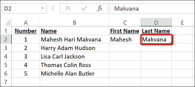 Clique na célula D2 e ​​insira manualmente o sobrenome.