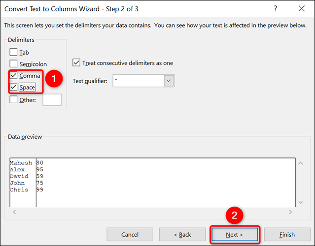 Especifique o separador para os valores na janela "Assistente de Texto para Colunas".