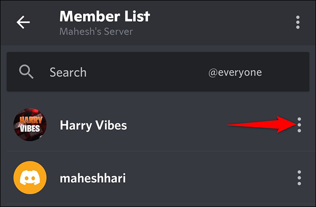 Toque nos três pontos ao lado de um usuário na página "Lista de membros".