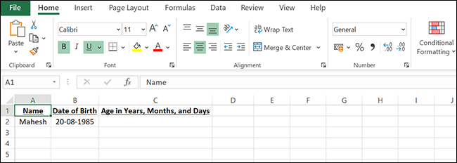 Um exemplo de planilha para encontrar a idade em anos, meses e dias no Excel.