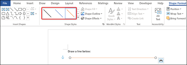 Personalize a linha usando as opções na guia "Formato da forma".