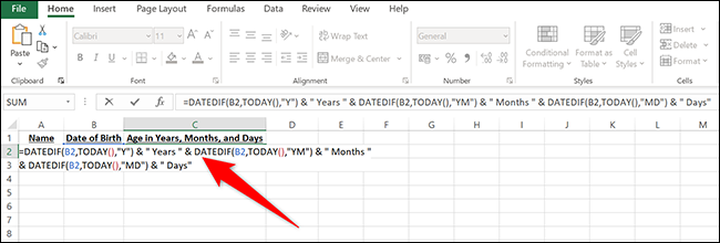 Digite = DATEDIF (B2, TODAY (), "Y") & "Anos" & DATEDIF (B2, TODAY (), "YM") & "Meses" & DATEDIF (B2, TODAY (), "MD") & " Dias "na célula C2 e pressione Enter no Excel.