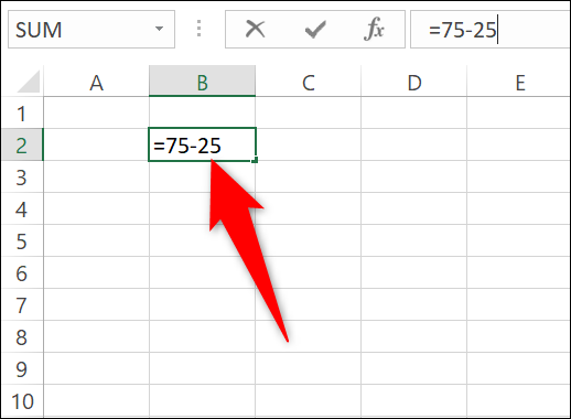 Digite a fórmula de subtração na célula no Excel.