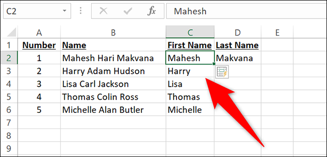 Nomes separados em Excel.